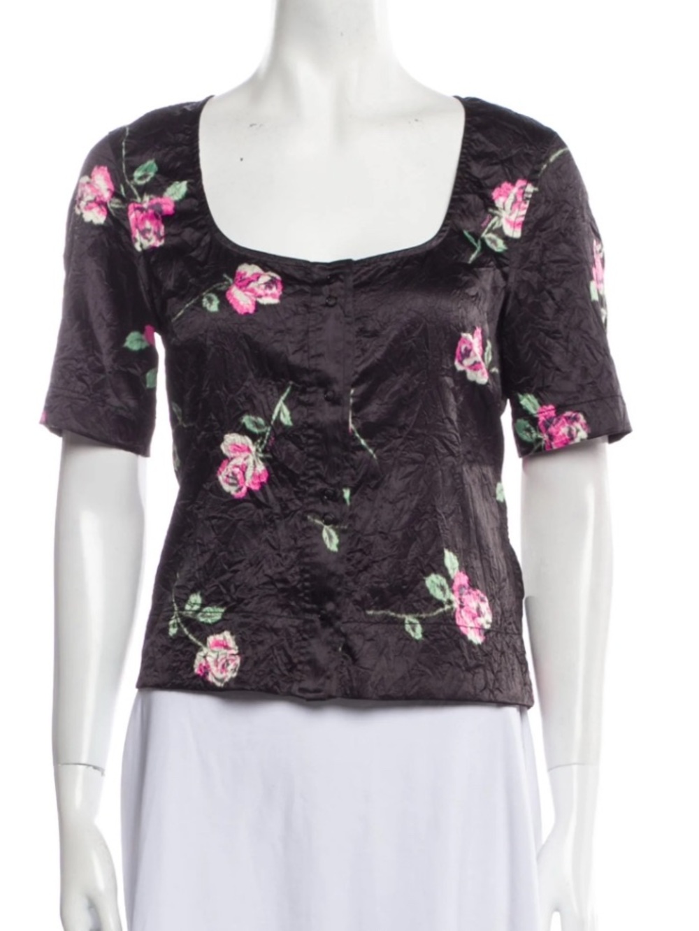 Ganni Black Floral Short-Sleeve Scoop Neck Top